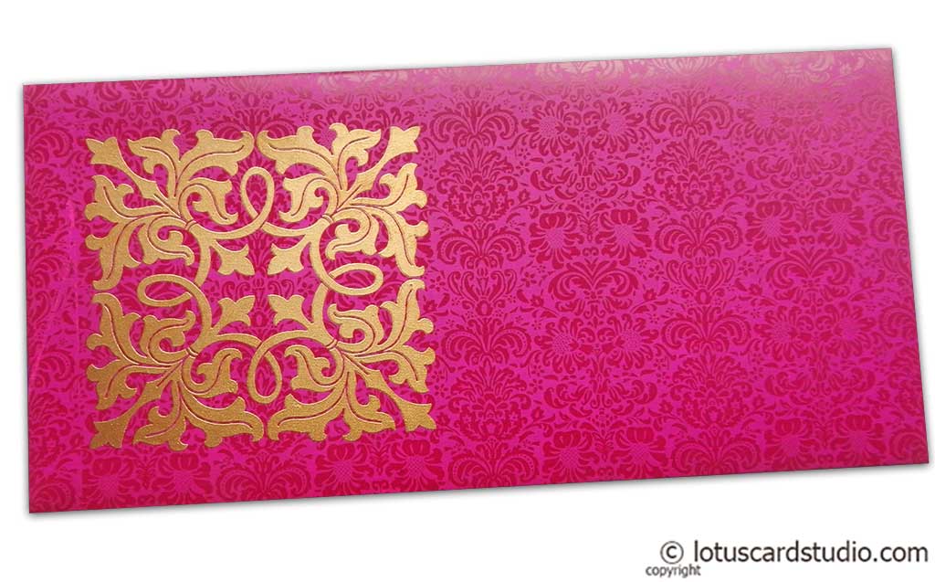 Front view of Wedding Money Envelope in Mexican Pink with Classy Golden Flower