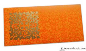 Front view of Wedding Money Envelope in Amber Orange with Classy Golden Flower