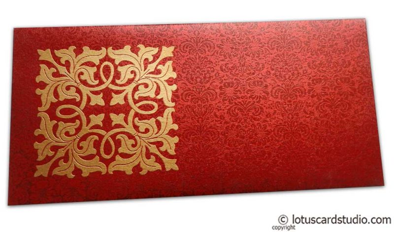 Front view of Wedding Money Envelope in Royal Red with Classy Golden Flower
