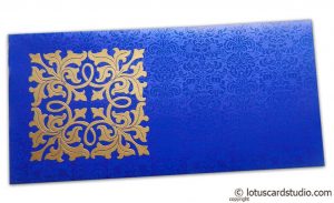 Front view of Wedding Money Envelope in Imperial Blue with Classy Golden Flower
