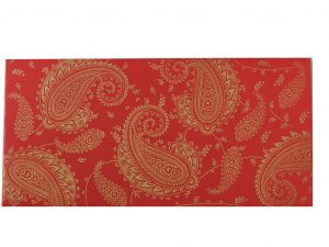 Front view of Gift Money Envelope in Classic Red with Golden Paisley Design
