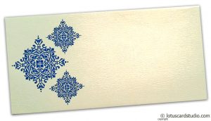 Front view of Gift Envelope in Ivory with Blue Damask Pattern