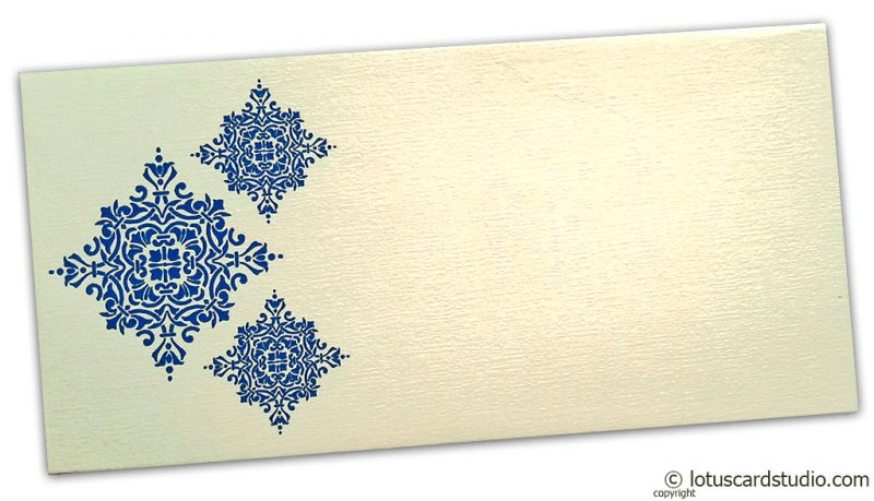 Front view of Gift Envelope in Ivory with Blue Damask Pattern