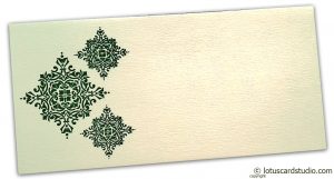 Front view of Gift Envelope in Ivory with Green Damask Pattern