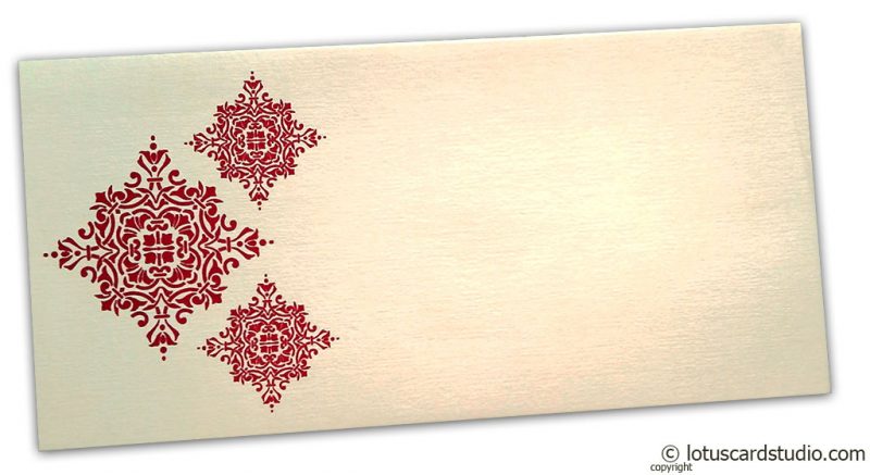 Front view of Gift Envelope in Ivory with Red Damask Pattern