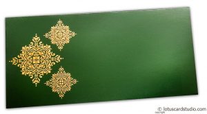 Front view of Gift Envelope in Emerald Green with Golden Damask Pattern