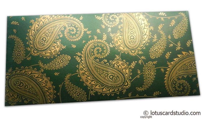 Gift Money Envelope in Emerald Green with Golden Paisley Design