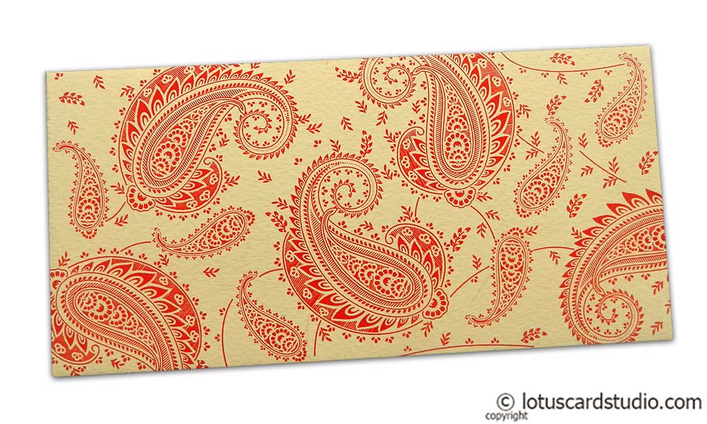 Gift Money Envelope in Bright Beige with Red Paisley Design
