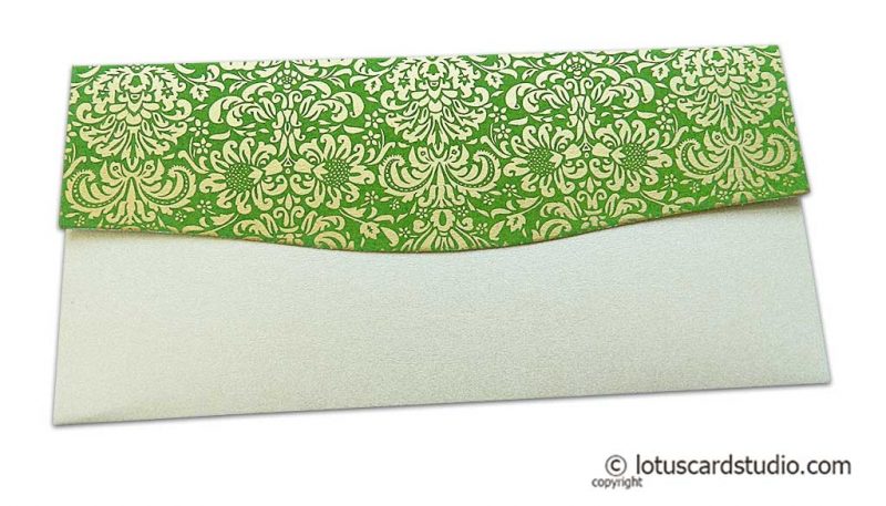 Back view of Shagun Envelope in Pearl Shimmer with Golden Flowers on Green