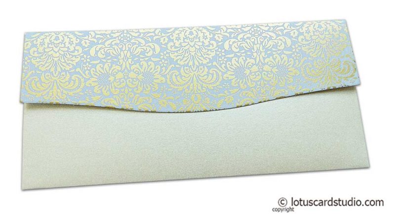 Back view of Shagun Envelope in Pearl Shimmer with Golden Flowers on Lavender