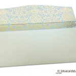 Flap open of Shagun Envelope in Pearl Shimmer with Golden Flowers on Lavender