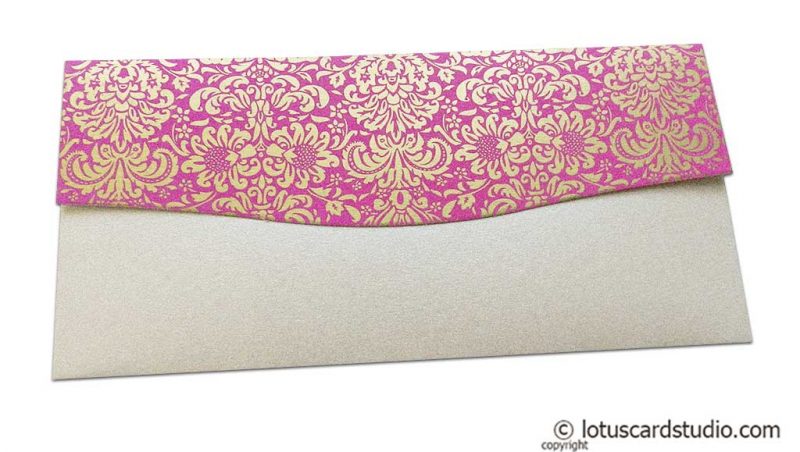 Back view of Shagun Envelope in Pearl Shimmer with Golden Flowers on Pink