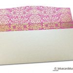 Flap open of Shagun Envelope in Pearl Shimmer with Golden Flowers on Pink