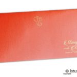 Envelope front of Wedding Invitation in Classic Orange with Heart Rhinestone