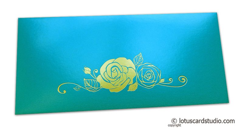 Teal Money Envelope with Golden Hot Foil Rose