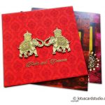 Red Satin Wedding Card with Wooden Golden Laser Cut Elephants