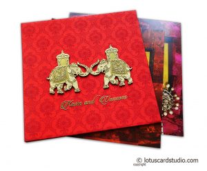 Red Satin Wedding Card with Wooden Golden Laser Cut Elephants