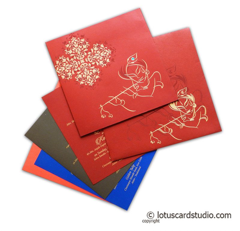 Red Wedding Invitation with Lord Krishna and his Flute