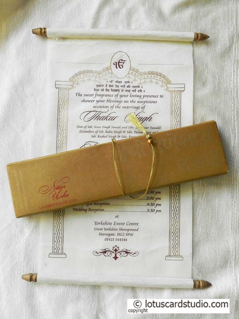 Scroll Wedding Invitation with Golden Box and Ivory Scroll