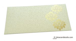 Shagun Money Envelope with Swirl Design and Golden Flowers on Ivory