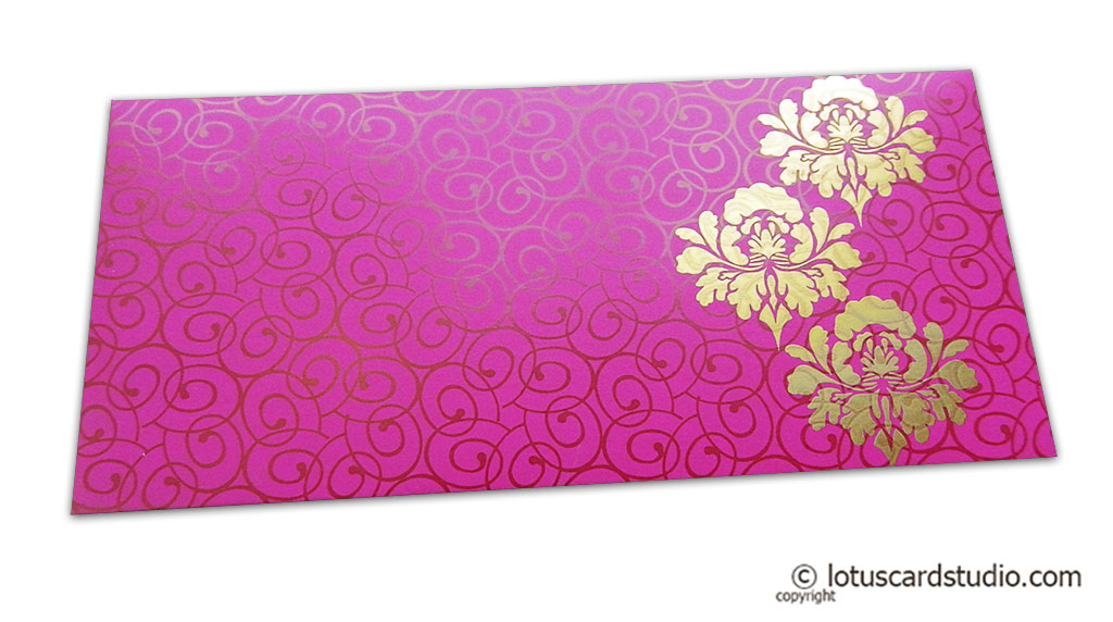 Shagun Money Envelope with Swirl Design and Golden Flowers on Mexican Pink
