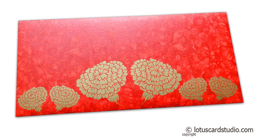 Dahlia Flowers on Red Shimmer Texture Shagun Envelope