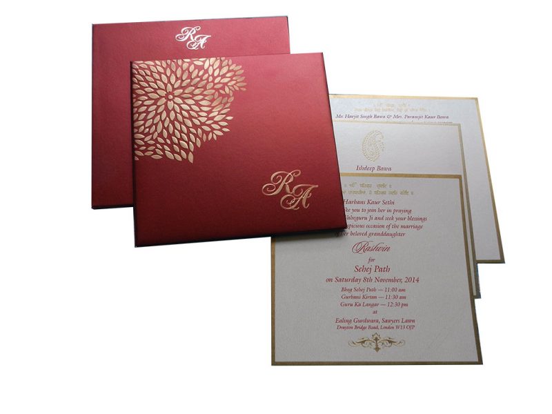 Red Wedding Card with Embossed Golden Leaves