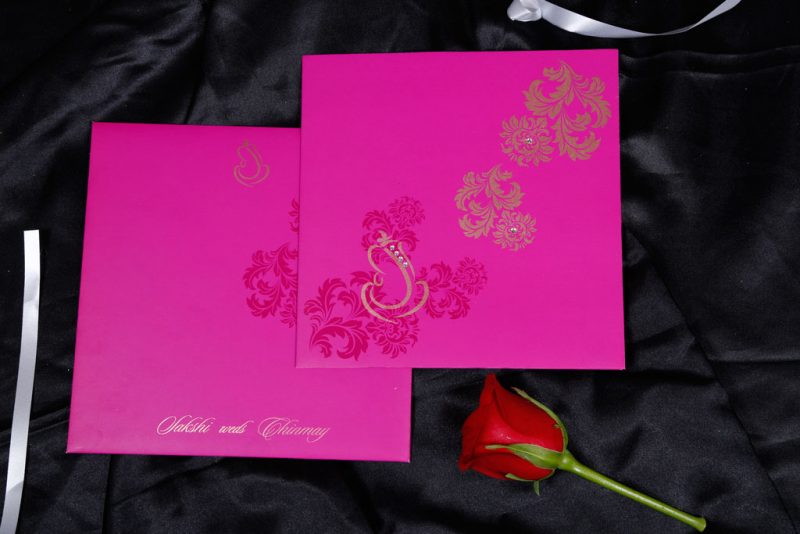 Wedding Invite in Mexican Pink with Golden Ganesh and Flowers