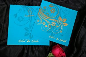 Wedding Invitation in Cyan and Golden Floral Theme