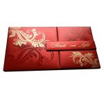 Card front of Red Magnet Dazzling Wedding Card with Golden Flower Design