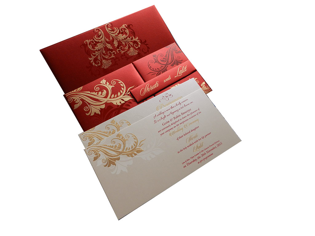 Red Magnet Dazzling Wedding Card with Golden Flower Design