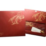 Card of Boxed Wedding Invite in Red with Golden Floral Pattern