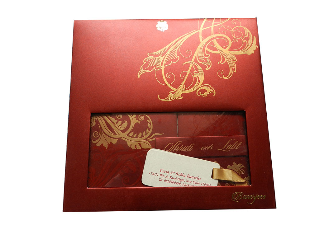 Boxed Wedding Invite in Red with Golden Floral Pattern