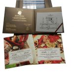 Card and inserts of Magnificent Boxed Wedding Invitation in Brown and Golden Theme