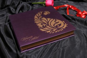Boxed Wedding Card in Purple with Golden Motif Design