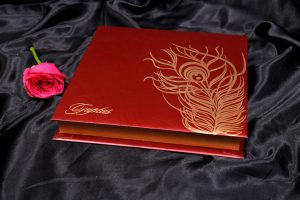 Boxed Wedding Card in Red with Golden Mor Pankh