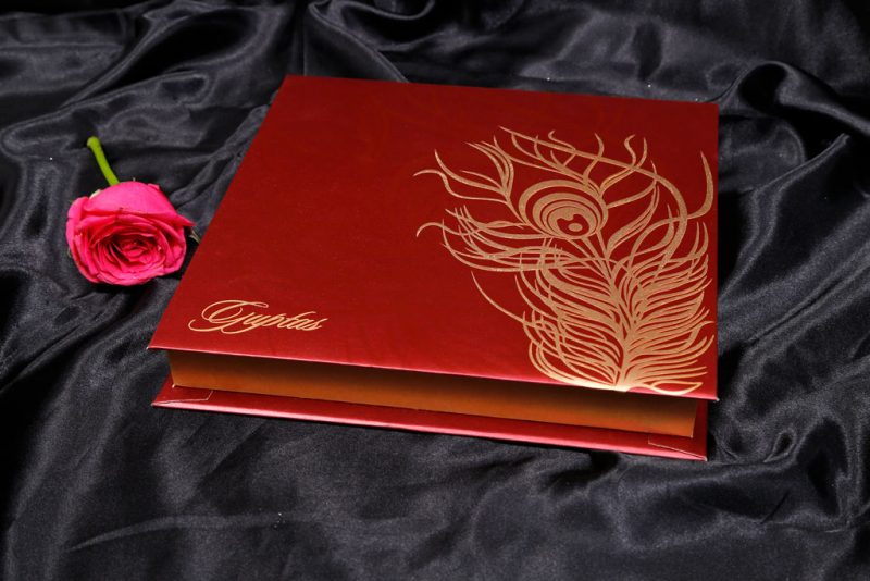 Boxed Wedding Card in Red with Golden Mor Pankh