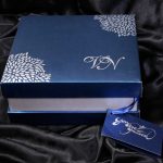 Box of Boxed Wedding Invitation in Blue with Raised Silver Leaves