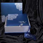 Boxed Wedding Invitation in Blue with Raised Silver Leaves