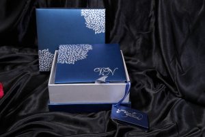 Boxed Wedding Invitation in Blue with Raised Silver Leaves