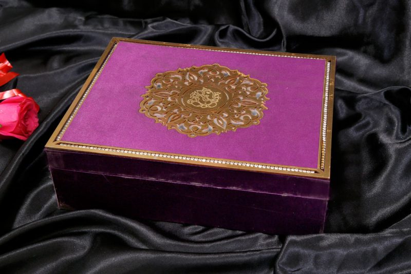 Box Wedding Card in Super Indigo with Golden Mirror Frame