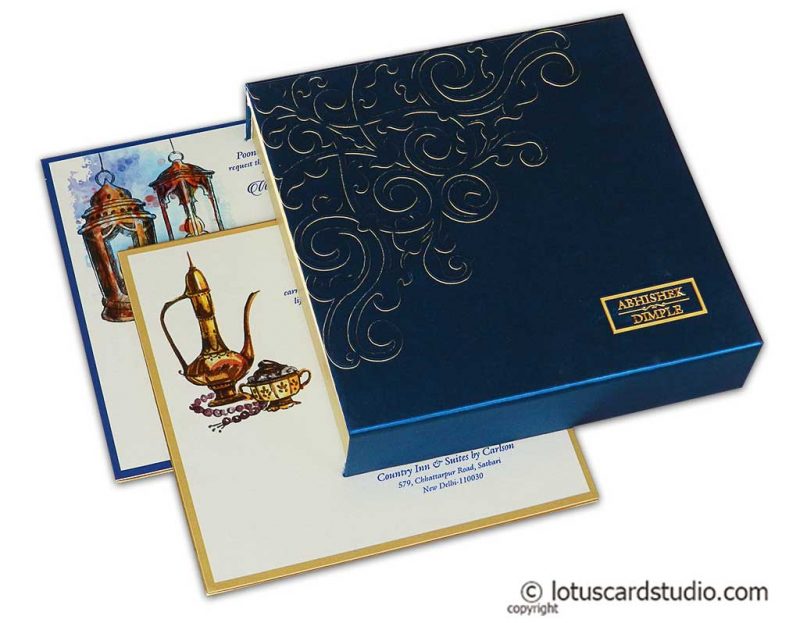 Blue Satin Box Wedding Card with Laser Cut Floral Design and Metallic Names