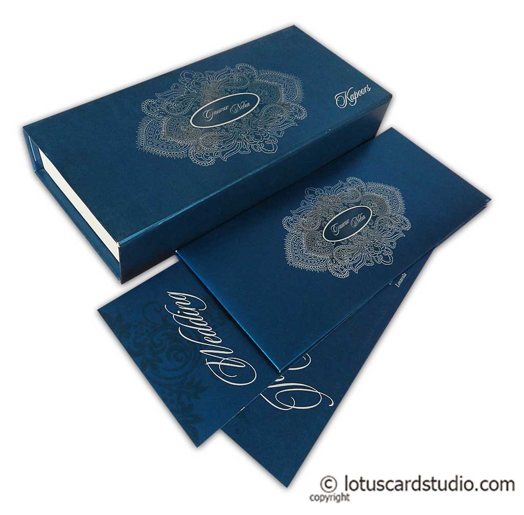 Blue Sweet Box Wedding Card with Silver Floral Design