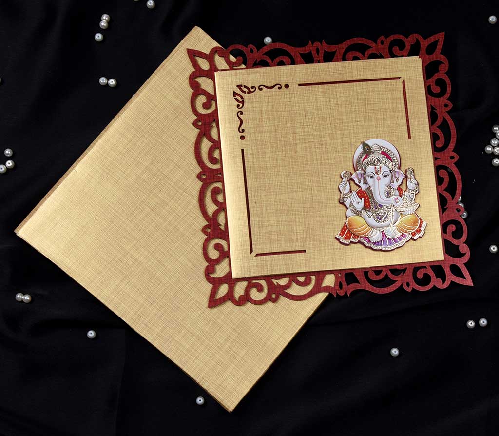 Ganesha Laser Cut Hindu Wedding Card in Golden Red