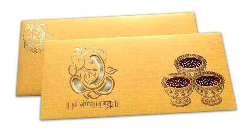 Ganesha Wedding Card in Yellow Orangish Shimmer