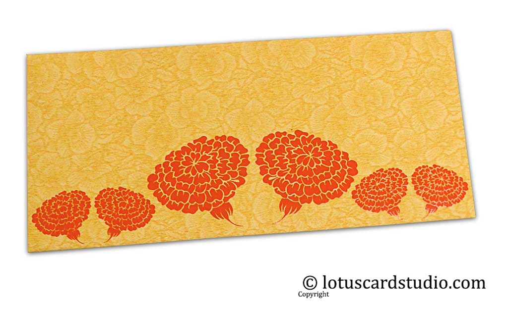 Golden Beige Flower Flocked Money Envelope with Orange Dahlia Flowers