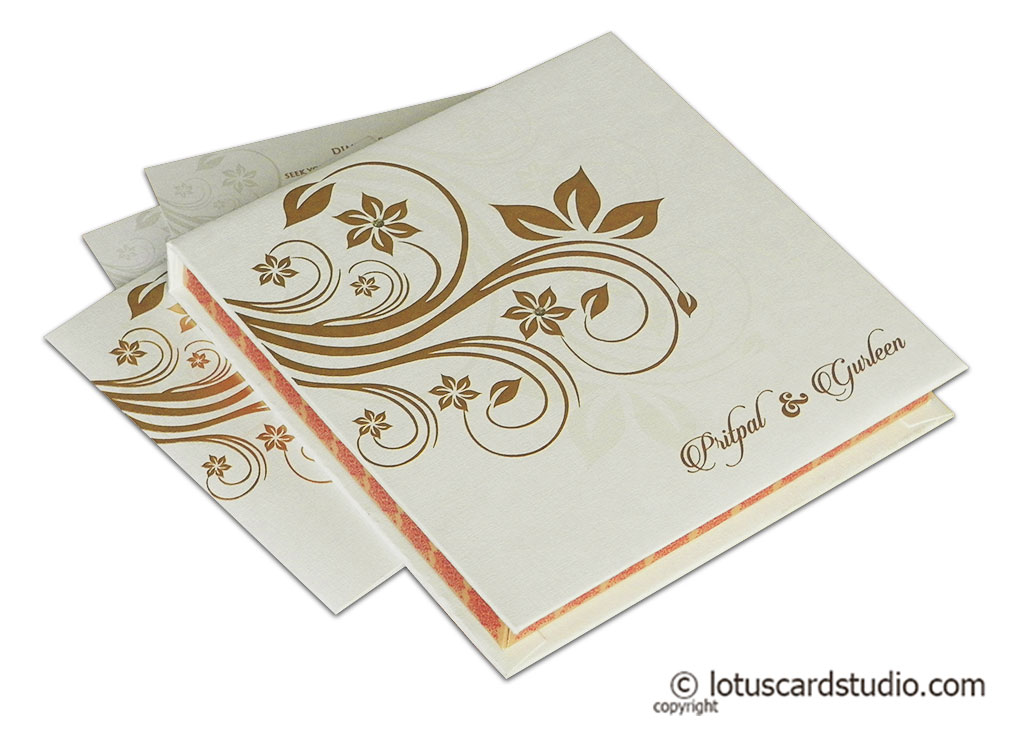 Ivory Boxed Wedding Invitation in Golden Floral Design