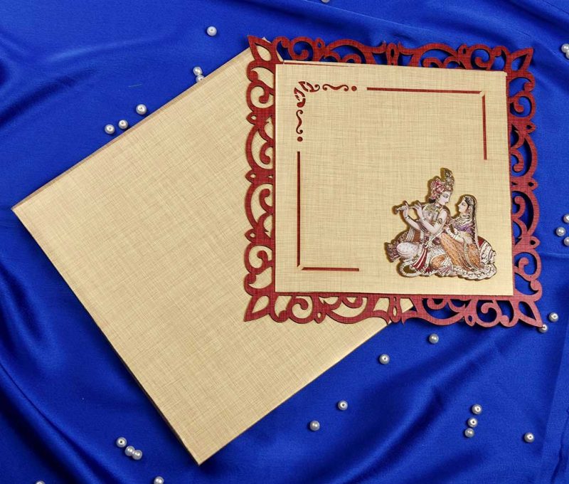 Radha Krishna Laser Cut Wedding Card in Golden Red