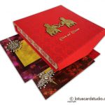 Red Satin Box Wedding Card with Golden Laser Cut Wooden Elephants