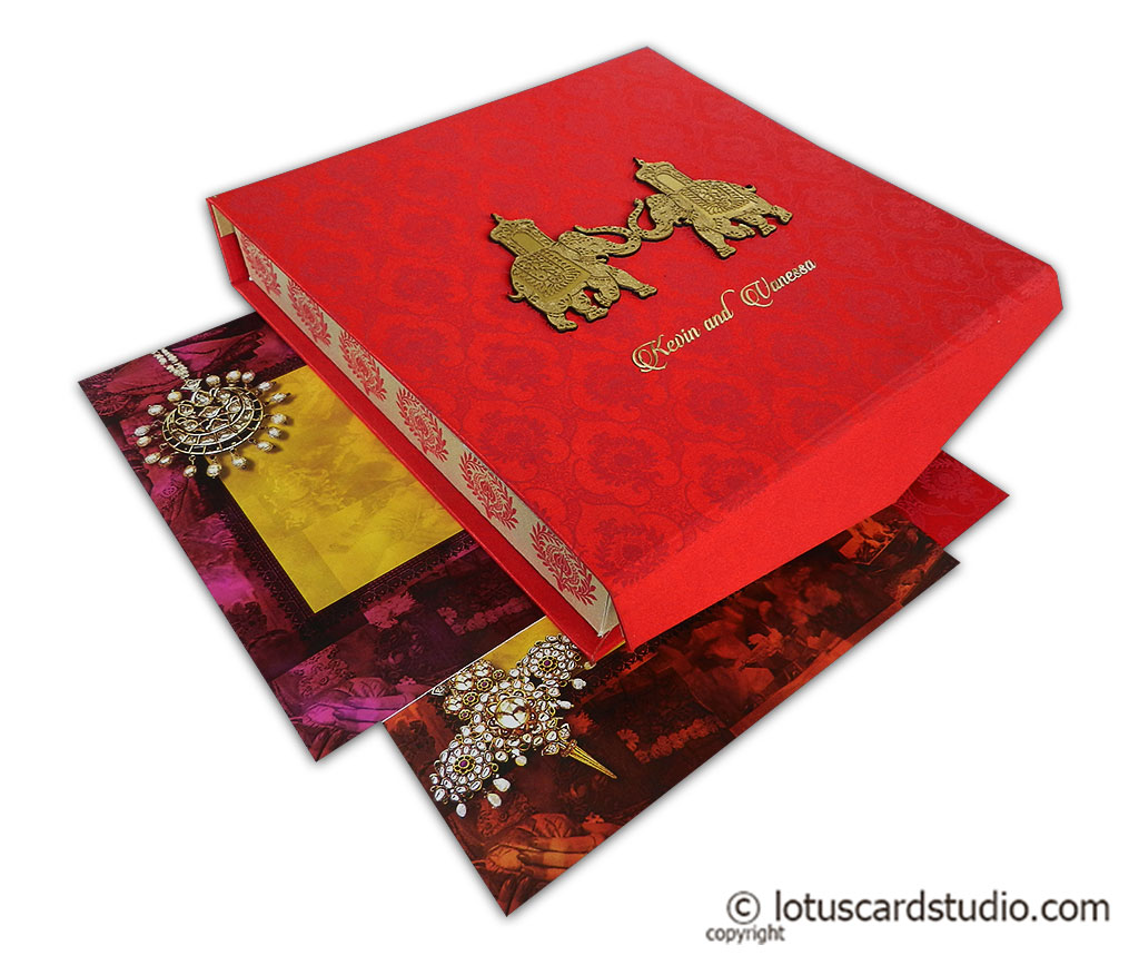 Red Satin Box Wedding Card with Golden Laser Cut Wooden Elephants